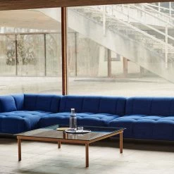 Hay Kofi Coffee Table 120×120 -vitra shop Quilton Contrast base Comb 23 Left top uph Raas 772 Kofi 120x120 grey tinted glass tabletop wb laqcuer oak frame